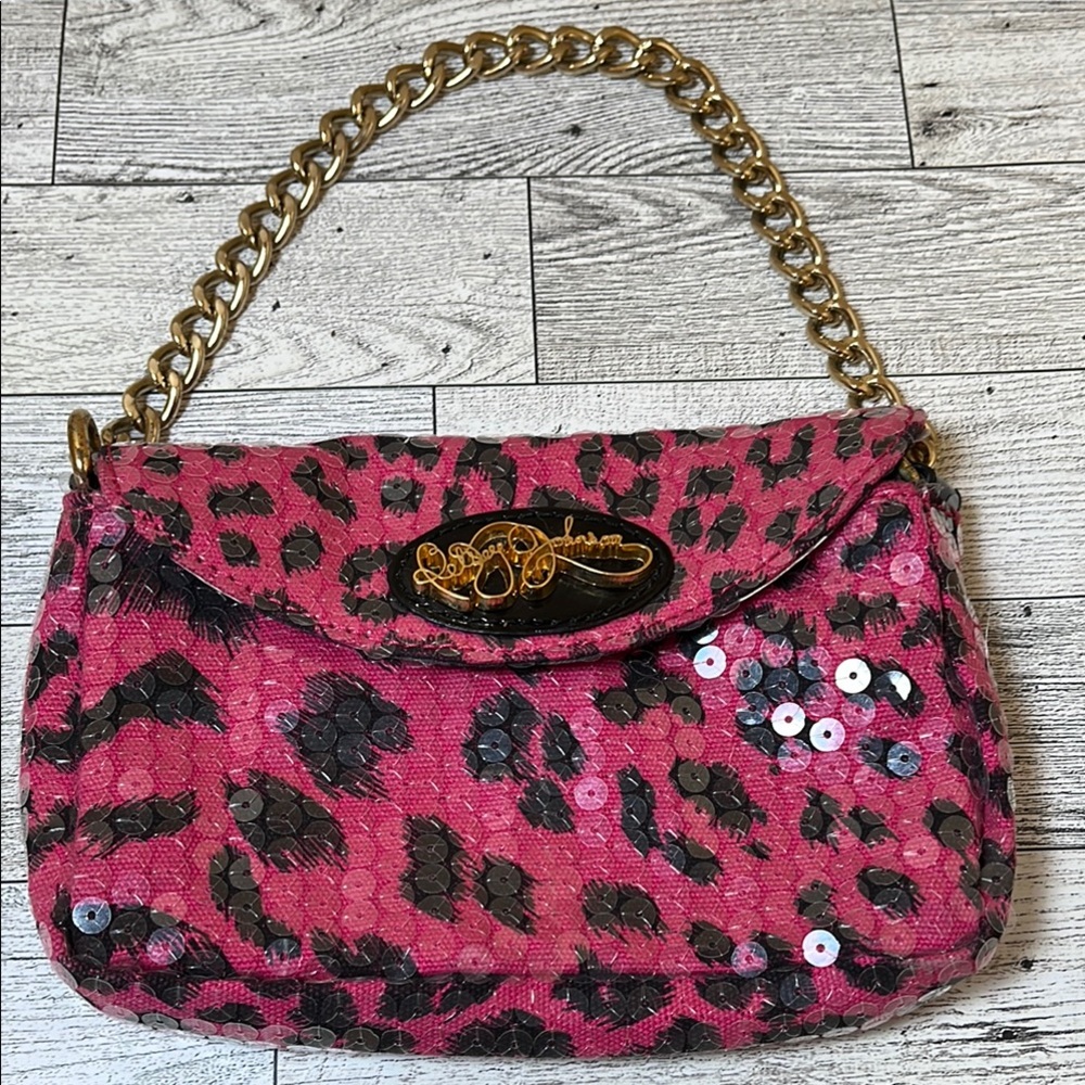 EUC Betsey Johnson Pink and Gold Clutch with Sequin Embellishments